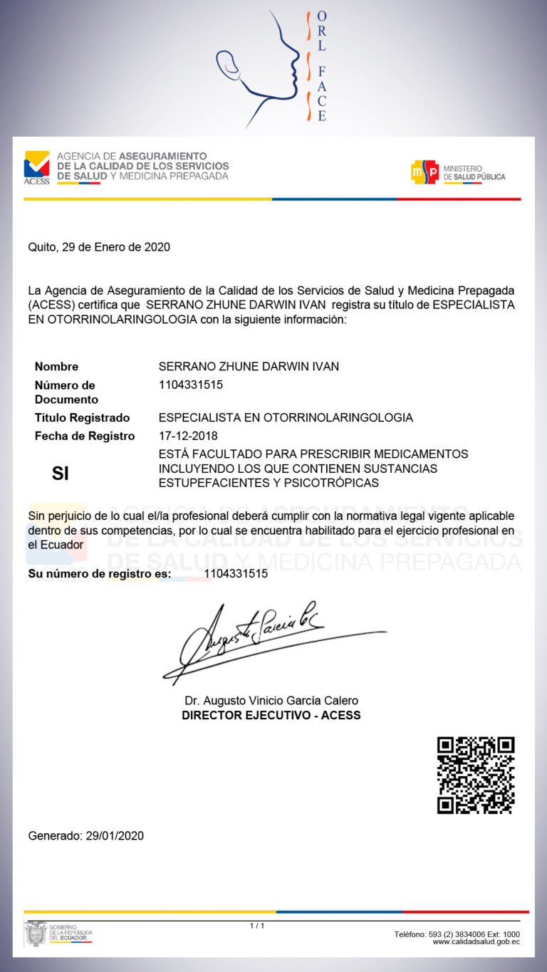 Dr. Darwin Serrano Zh. Dra. Carolina Tubay de S. Otorrinolagingologo, Otorrino. orlface. Manta. Salinas. Rinoplastia.