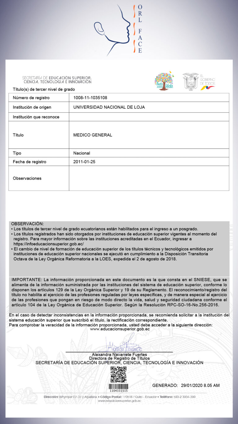 Dr. Darwin Serrano Zh. Dra. Carolina Tubay de S. Otorrinolagingologo, Otorrino. orlface. Manta. Salinas. Rinoplastia.