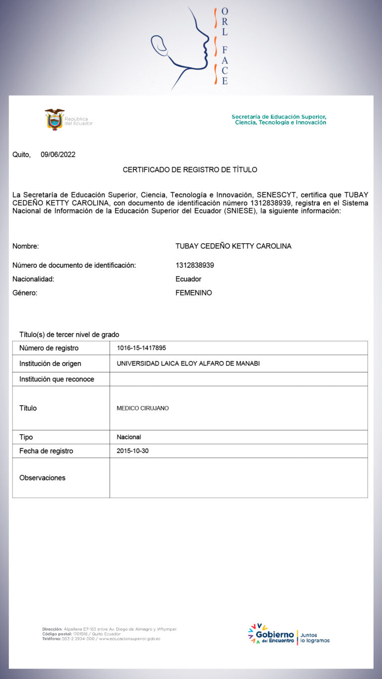 Dr. Darwin Serrano Zh. Dra. Carolina Tubay de S. Otorrinolagingologo, Otorrino. orlface. Manta. Salinas. Rinoplastia.