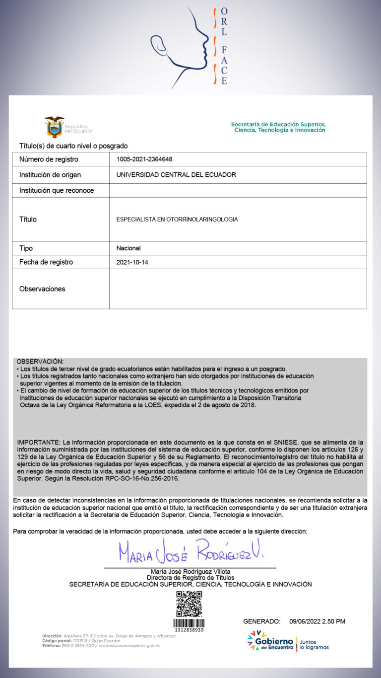 Dr. Darwin Serrano Zh. Dra. Carolina Tubay de S. Otorrinolagingologo, Otorrino. orlface. Manta. Salinas. Rinoplastia.