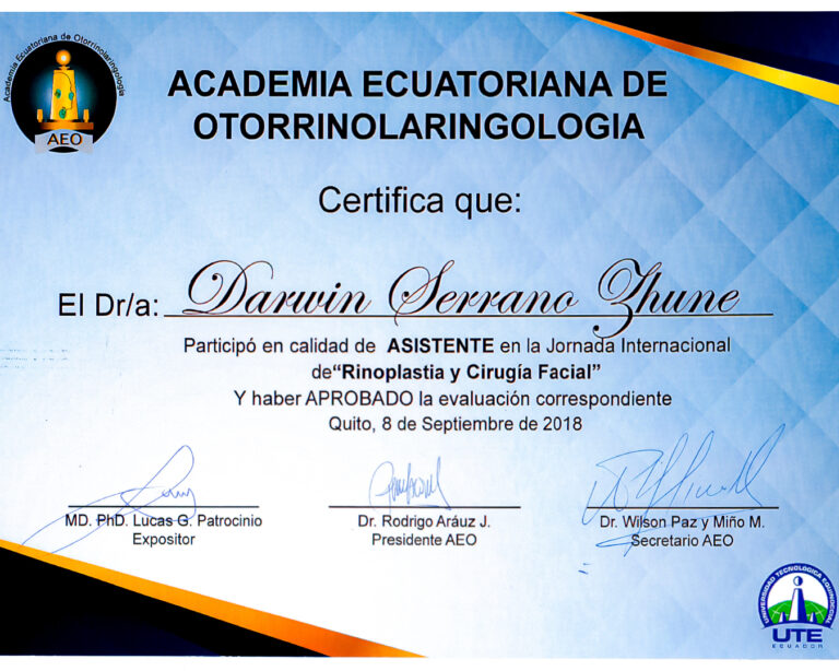 Dr. Darwin Serrano Zh. Dra. Carolina Tubay de S. Otorrinolagingologo, Otorrino. orlface. Manta. Salinas. Rinoplastia.