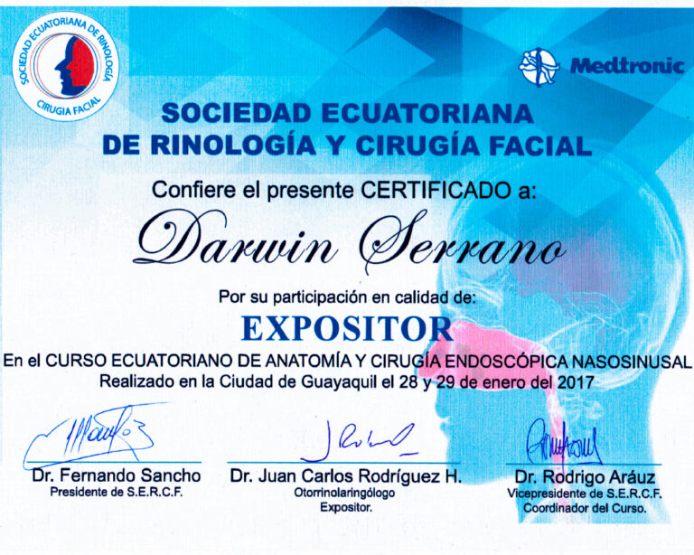 Dr. Darwin Serrano Zh. Dra. Carolina Tubay de S. Otorrinolagingologo, Otorrino. orlface. Manta. Salinas. Rinoplastia.