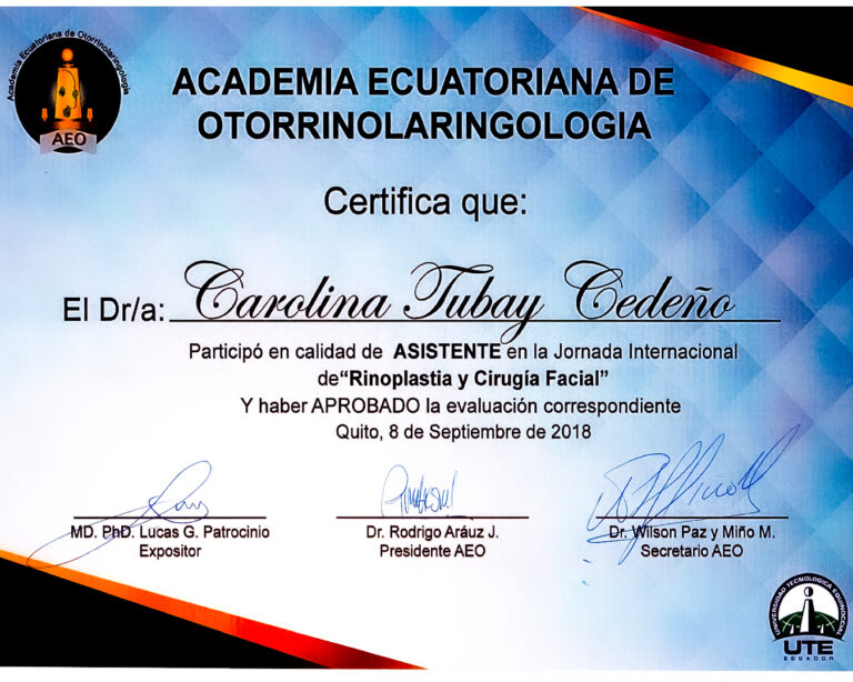 Dr. Darwin Serrano Zh. Dra. Carolina Tubay de S. Otorrinolagingologo, Otorrino. orlface. Manta. Salinas. Rinoplastia.