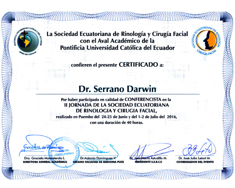 Dr. Darwin Serrano Zh. Dra. Carolina Tubay de S. Otorrinolagingologo, Otorrino. orlface. Manta. Salinas. Rinoplastia.