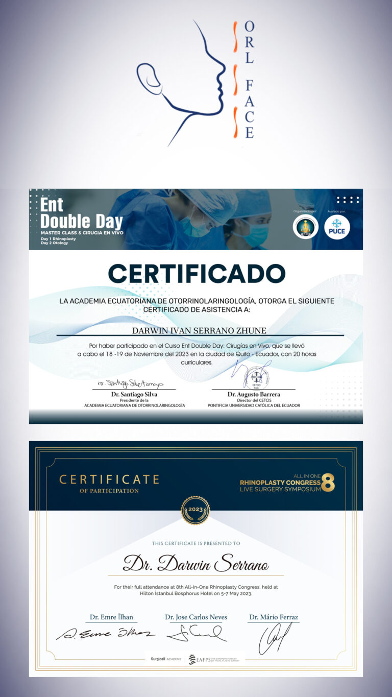 Dr. Darwin Serrano Zh. Dra. Carolina Tubay de S. Otorrinolagingologo, Otorrino. orlface. Manta. Salinas. Rinoplastia.