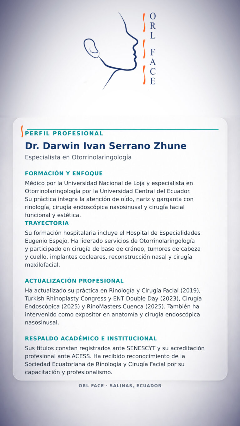 Dr. Darwin Serrano Zh. Dra. Carolina Tubay de S. Otorrinolagingologo, Otorrino. orlface. Manta. Salinas. Rinoplastia.