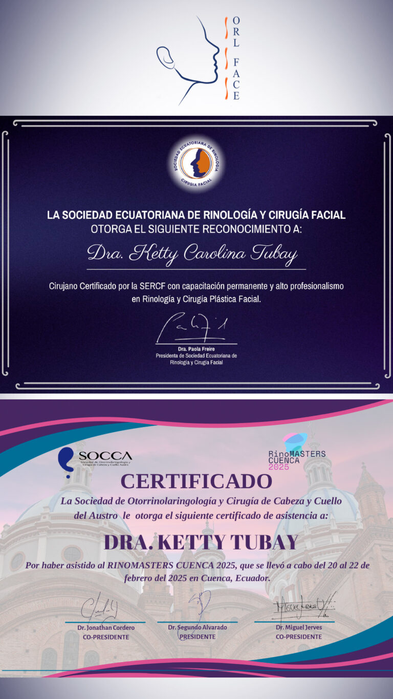 Dr. Darwin Serrano Zh. Dra. Carolina Tubay de S. Otorrinolagingologo, Otorrino. orlface. Manta. Salinas. Rinoplastia.