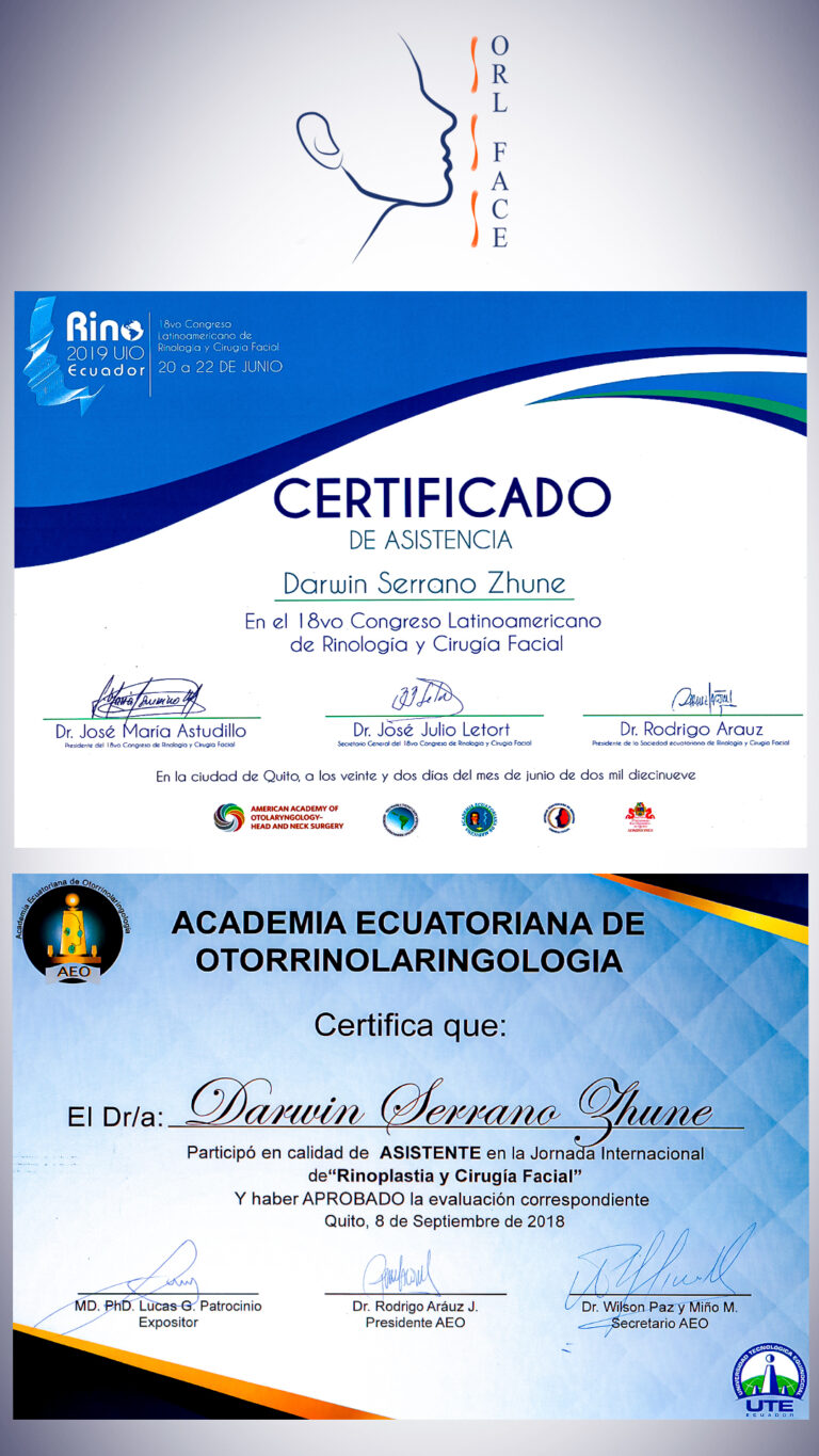 Dr. Darwin Serrano Zh. Dra. Carolina Tubay de S. Otorrinolagingologo, Otorrino. orlface. Manta. Salinas. Rinoplastia.