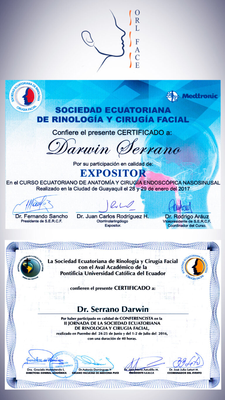 Dr. Darwin Serrano Zh. Dra. Carolina Tubay de S. Otorrinolagingologo, Otorrino. orlface. Manta. Salinas. Rinoplastia.