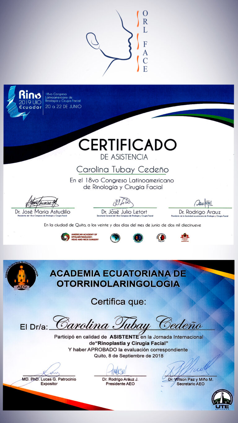 Dr. Darwin Serrano Zh. Dra. Carolina Tubay de S. Otorrinolagingologo, Otorrino. orlface. Manta. Salinas. Rinoplastia.