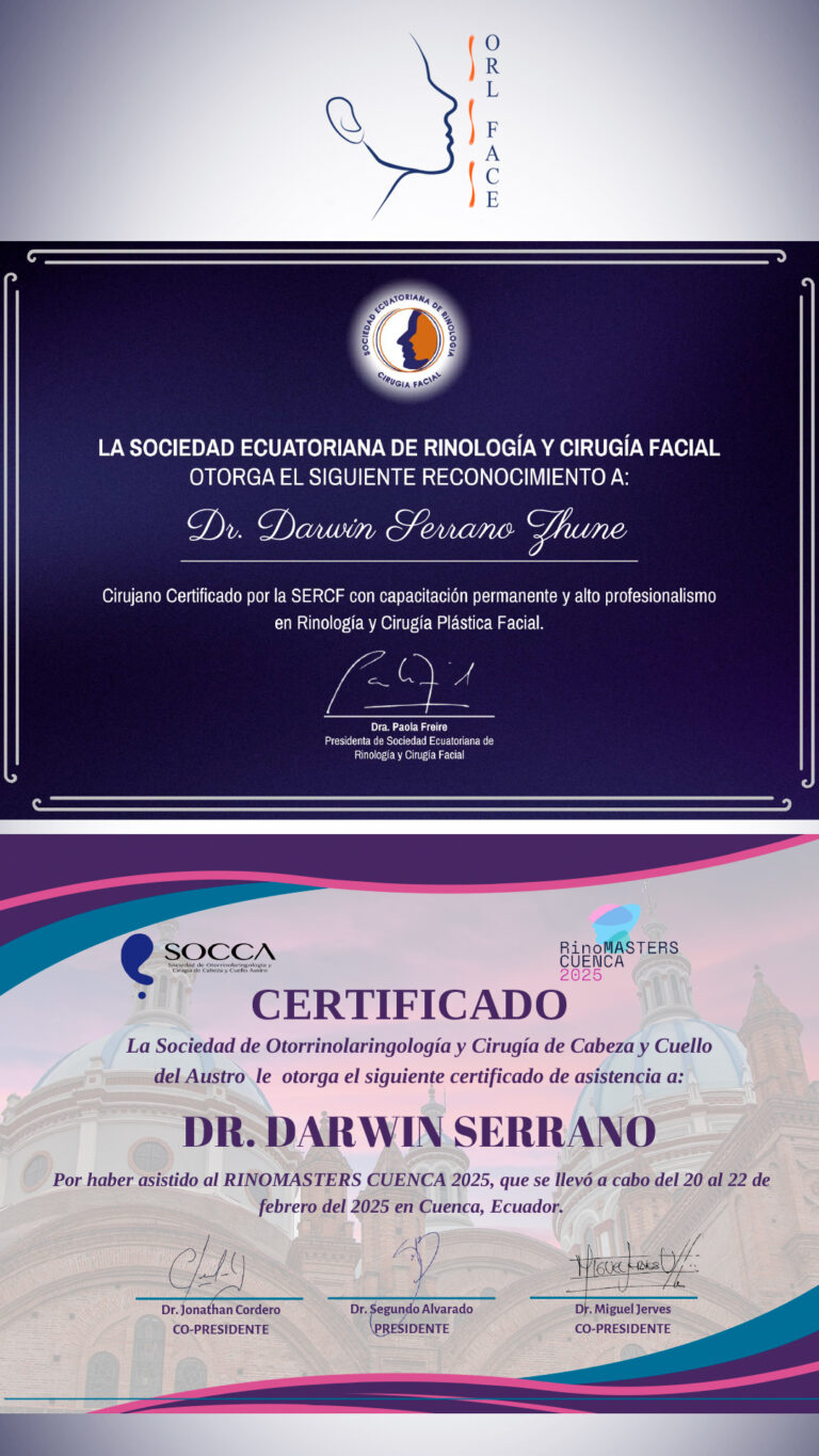 Dr. Darwin Serrano Zh. Dra. Carolina Tubay de S. Otorrinolagingologo, Otorrino. orlface. Manta. Salinas. Rinoplastia.