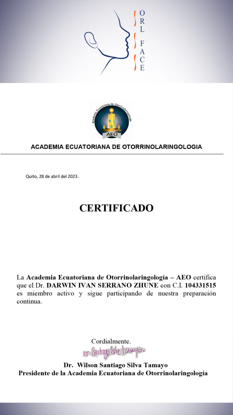 Dr. Darwin Serrano Zh. Dra. Carolina Tubay de S. Otorrinolagingologo, Otorrino. orlface. Manta. Salinas. Rinoplastia.