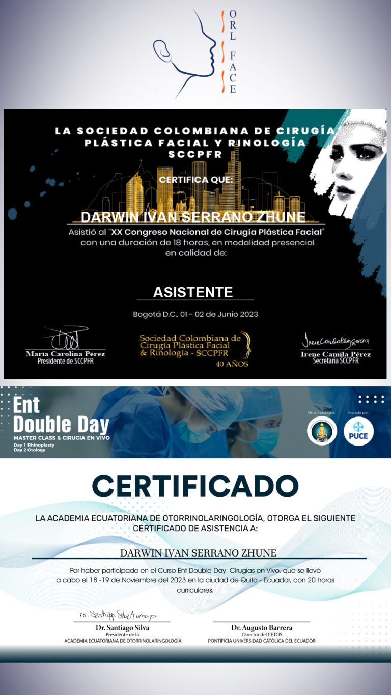 Dr. Darwin Serrano Zh. Dra. Carolina Tubay de S. Otorrinolagingologo, Otorrino. orlface. Manta. Salinas. Rinoplastia.