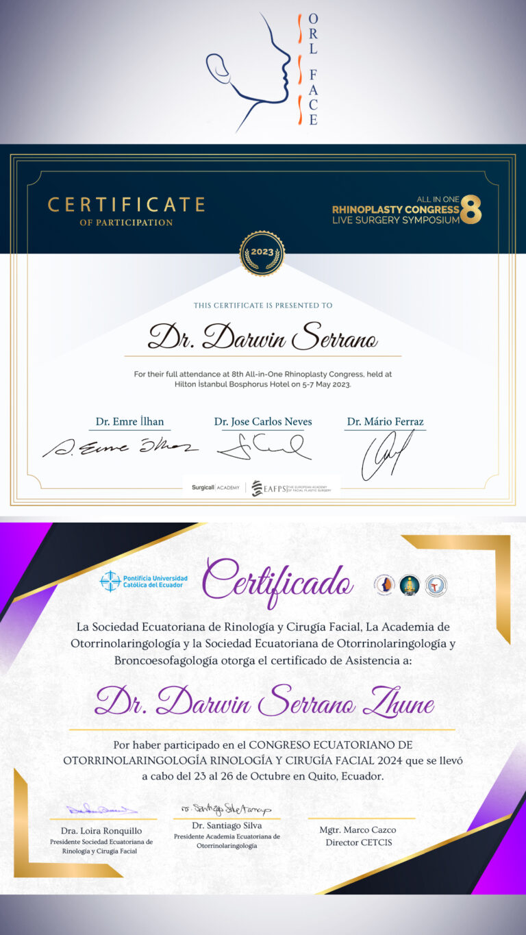 Dr. Darwin Serrano Zh. Dra. Carolina Tubay de S. Otorrinolagingologo, Otorrino. orlface. Manta. Salinas. Rinoplastia.